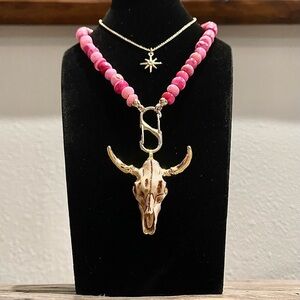 Peruvian Pink Opal with Gold accented Bull Skull Necklace